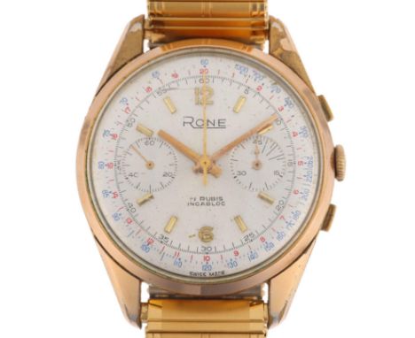 RONE - a Vintage gold plated stainless steel mechanical chronograph wristwatch, circa 1950s, silvered dial with applied gilt 