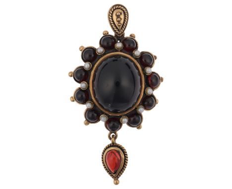 A 9ct gold garnet and pearl drop pendant, in the Victorian style, set with cabochon garnets with closed-back settings, 43.8mm