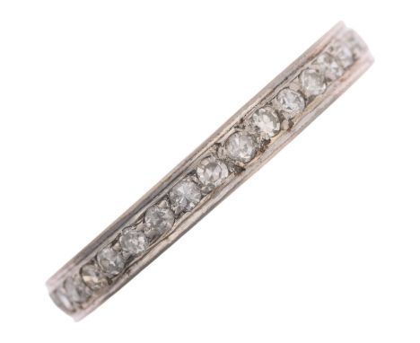 An Art Deco 18ct white gold diamond full eternity band ring, millegrain set with eight-cut diamonds and foliate engraved brid