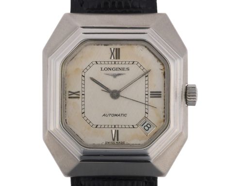 LONGINES - a Vintage stainless steel automatic calendar wristwatch, ref. 4817-4 633, circa 1960s, brushed silvered dial with 