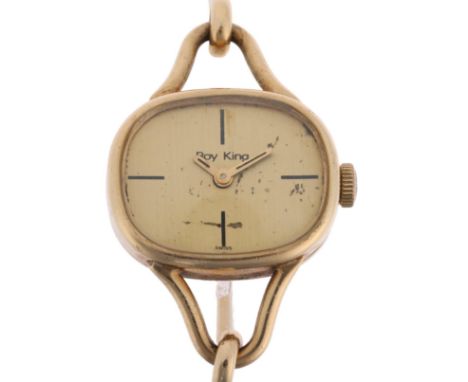 ROY KING - a lady's Vintage 9ct gold mechanical bangle watch, circa 1970s, champagne dial with quarterly crosshair baton hour