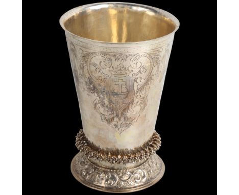 A fine 17th century Dutch silver religious communion beaker, bright-cut engraved crest decoration, 15cm, 10.8oz, provenance: 