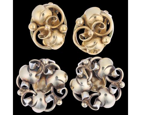 JOHN LAURIDSEN - 2 pairs of Art Nouveau style Danish silver-gilt floral clip-on earrings, largest 19.7mm, 11.7gNo damage or r