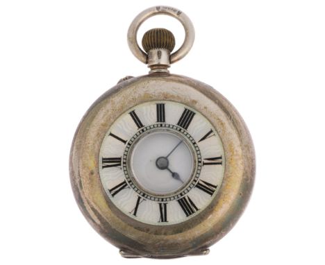 An early 20th century Swiss silver and enamel half hunter keyless side-wind fob watch, white enamel dial with Roman numeral h