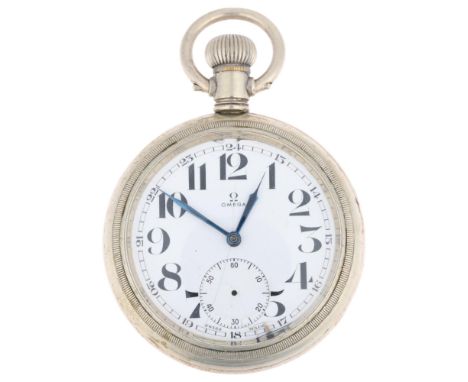 OMEGA - a First World War Period nickel Borgel open-face keyless trench pocket watch, white enamel dial with Arabic numerals,