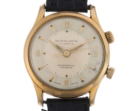 OLMA - a Vintage gold plated stainless steel Olmalarm mechanical wristwatch, silvered dial with gilt quarterly Arabic numeral