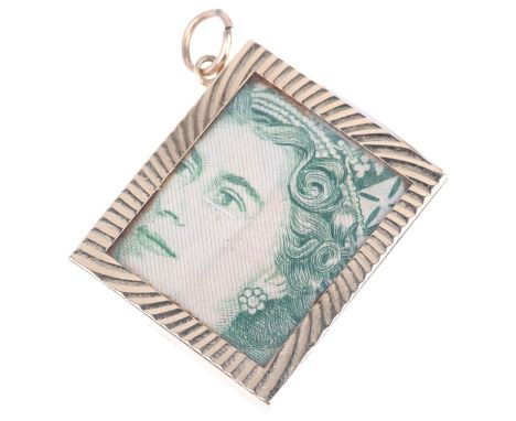 A late 20th century 9ct gold novelty emergency £1 note charm, maker FM, London 1972, 27.5 x 23mm, 4.4g grossNo damage or repa