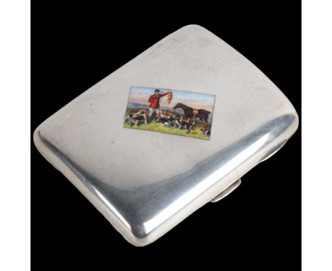 A fine Edwardian silver and enamel 'Hunting Scene' curved cigarette case, John Millward Banks, Chester 1902, rectangular form