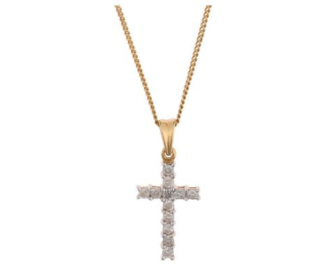 An 18ct gold diamond cross pendant necklace, on 9ct fine curb link chain, total diamond content approx 0.5ct, pendant 26mm, c