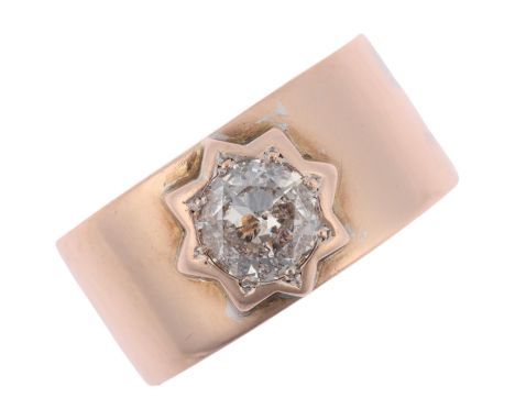 A large 9ct rose gold 1ct solitaire diamond band ring, star set with modern round brilliant-cut diamond, colour approx I/J, c
