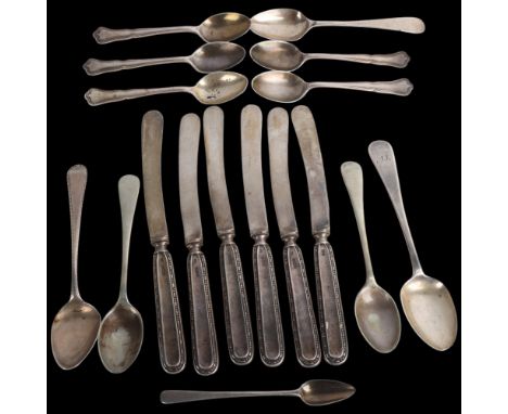 Various silver flatware, including Antique teaspoons, set of 6 butter knives, etc, 3.8oz weighableLot sold as seen unless spe