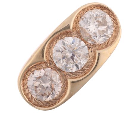 A large 9ct gold three stone diamond gypsy ring, set with modern round brilliant-cut diamonds, each weighing approx 0.95ct, d