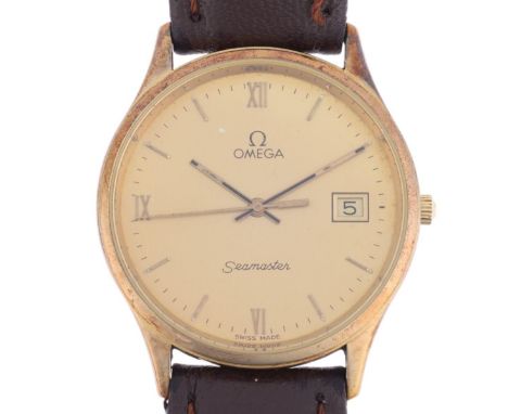 OMEGA - a 9ct gold Seamaster quartz calendar wristwatch, ref. 1430, circa 1982, champagne dial with applied gilt quarterly Ro