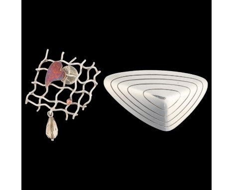2 Danish sterling silver abstract brooches, comprising limpet example by Borresen & Lassen, and gem set heart lattice example
