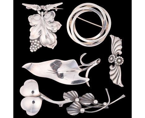 6 a Danish modernist sterling silver brooches, maker's include Ulrich, largest 64.9mm, 33.7g total (6)No damage or repair, on