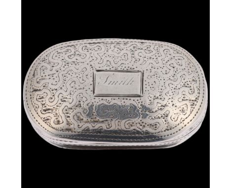 A George III silver vinaigrette, Joseph Willmore, Birmingham 1818, oval form with bright-cut engraved decoration, gilt interi