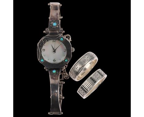A group of silver jewellery, including wristwatch and 2 rings, 45g grossLot sold as seen unless specific item(s) requested 