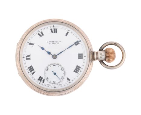 J W BENSON - an early 20th century silver open-face keyless side-wind pocket watch, white enamel dial with Roman numeral hour