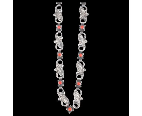 A long Art Nouveau style Danish silver coral leaf panel necklace, 73cm, 36.8gNo damage or repair, all stones present, fitting