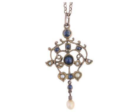 An Art Nouveau style sapphire and pearl openwork pendant necklace, apparently unmarked, on silver belcher link chain, pendant