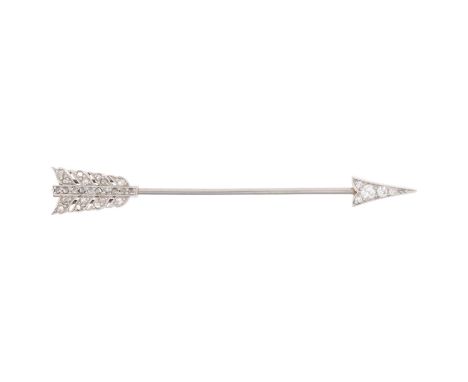 An Art Deco diamond 'Arrow' jabot pin, circa 1920, set with round and old-cut diamonds, unsigned and apparently unmarked, 3gN
