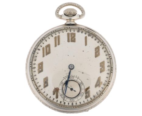 An Art Deco American 14k gold filled open-face keyless pocket watch, by New York Standard Watch Co USA, silvered dial with ap