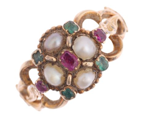 A Victorian split pearl ruby and chrysolite sweetheart ring, with openwork foliate shoulders, engraved shank and open backing