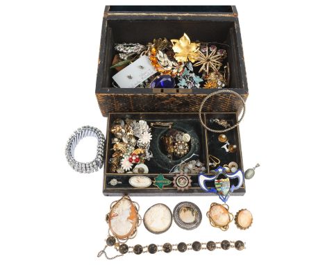 An Antique jewellery box containing various silver and costume jewellery, including cameo brooches, etcLot sold as seen unles