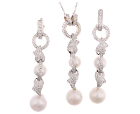 An 18ct white gold whole pearl and diamond matching pendant necklace and earring set, each piece pave set with modern round b