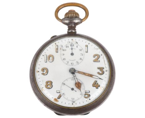 A First World War Period gun-metal open-face keyless alarm pocket watch, white enamel dial with Arabic numerals, blued steel 