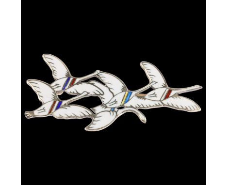 A DRAGSTED - a a Danish modernist sterling silver-gilt enamel 'Flying Geese' brooch, 59.1mm, 9.5g1 small chip to right-hand g