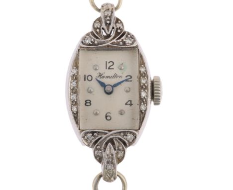 HAMILTON - a lady's Vintage platinum diamond mechanical cocktail wristwatch, circa 1960s, silvered dial with eighthly Arabic 