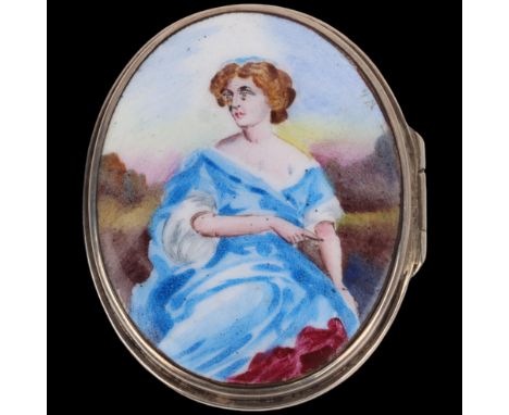 A William IV silver and enamel portrait pillbox, Henry Wilkinson & Co, Sheffield 1832, oval form with hand painted enamel por
