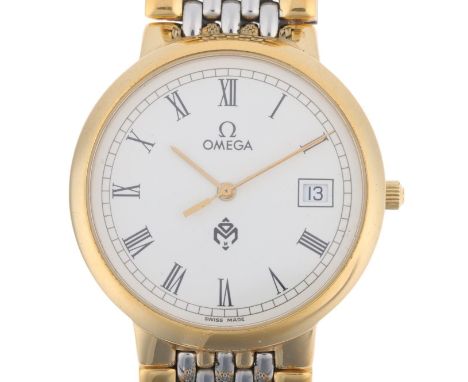 OMEGA - a gold plated stainless steel De Ville 'Meghraj Group' quartz calendar bracelet watch, ref. DL 396.1012, circa 1991, 