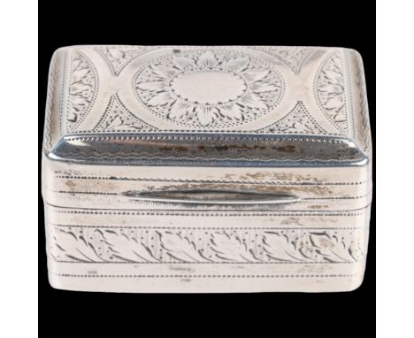 A George IV nutmeg grater, John Thropp, Birmingham 1825, rectangular form, with allover bright-cut engraved decoration, and i