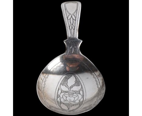 A George III silver tea caddy spoon, no maker, apparently unmarked, 1812, bright-cut floral engraved decoration, 7cmA few sma