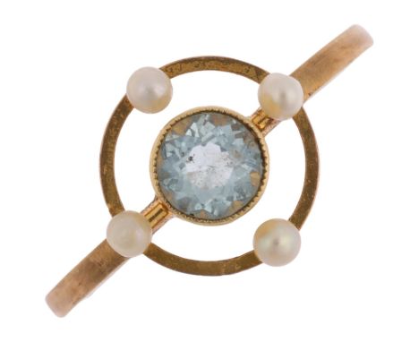 An Edwardian blue topaz and pearl openwork ring, apparently unmarked, setting height 11.2mm, size K, 1.8gRing has been re-pur