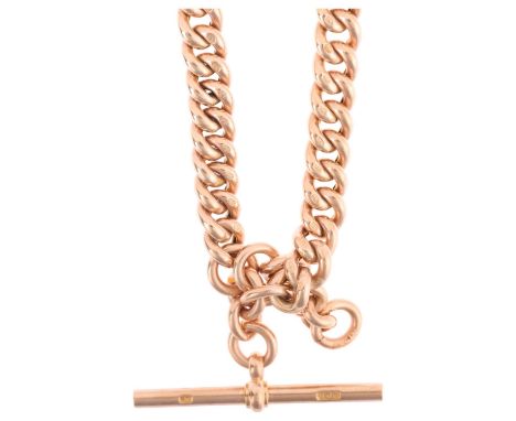 An Antique 9ct gold graduated hollow curb link Albert chain necklace, with 9ct T-bar dog clip and bolt clasp, no date letter,
