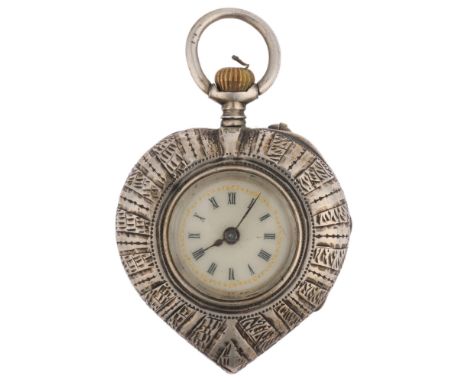 A Swiss silver heart open-face keyless fob watch, cream enamel dial with Roman numeral hour markers, blued steel spade hands 