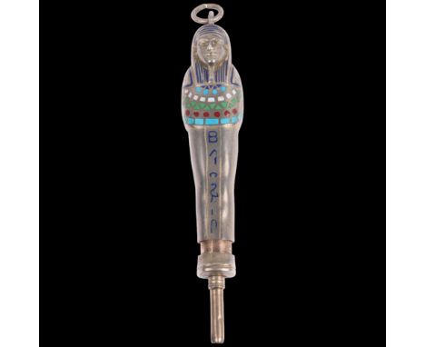 An Egyptian novelty silver and enamel Pharaoh propelling pencil, 5.5cmTip of pencil does not fully retract into casing, gener