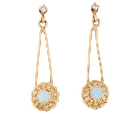 A pair of opal and diamond flowerhead cluster drop earrings, with stud fittings, apparently unmarked, 30.4mm, 2.3gEarrings ha