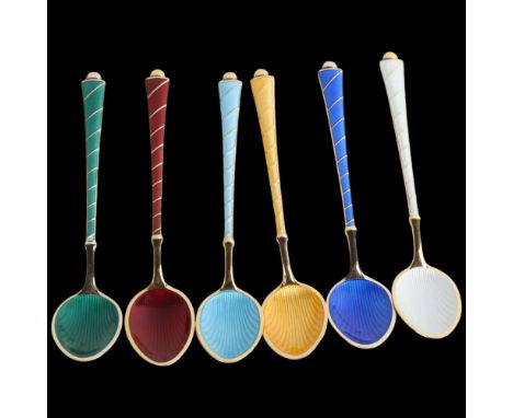 EGON LAURIDSEN - a set of 6 Danish vermeil sterling silver and harlequin enamel coffee spoons, with enamel bowls, 9.5cmNo dam
