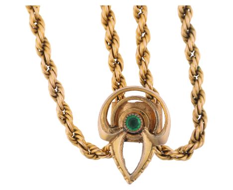 An Antique 15ct gold rope twist long guard chain necklace, with gilt-metal slider fob, 140cm, 21.6g grossNo damage or repair,