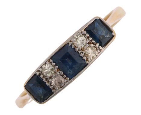 An Art Deco 18ct gold seven stone sapphire and diamond panel ring, 4.8mm, size P, 2.4gNo damage or repair, all stones present