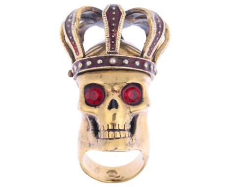 ALEXANDER MCQUEEN - a large gilt-metal and enamel skull ring, setting height 44.7mm, size L/M, 69gHigh points quite worn, a f