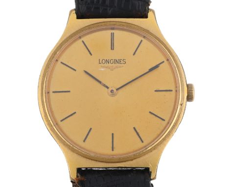LONGINES - a gold plated stainless steel mechanical wristwatch, ref. 4427 847, circa 1970s, champagne dial with applied baton
