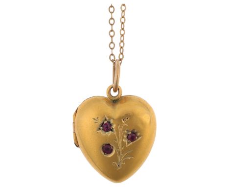 A Victorian 15ct gold ruby heart photo locket pendant necklace, on 9ct fine cable link chain, pendant 26.3mm, chain 40cm, 3.6