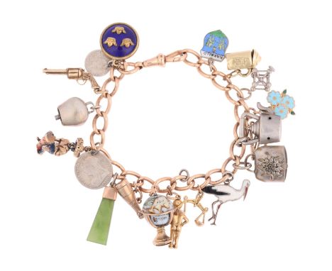 An Antique 15ct rose gold curb link chain charm bracelet, with various gold and silver charms, 18cm, 53.4g grossNo broken lin