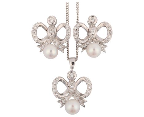 A modern whole pearl and diamond ribbon bow matching pendant necklace and earring set, set with modern round brilliant-cut di