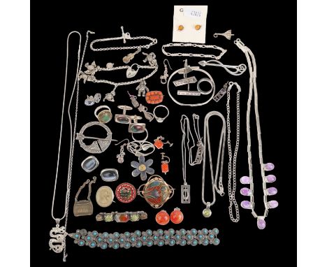 Various jewellery, including silver ingot, Georgian coral cluster brooch, earrings, etcLot sold as seen unless specific item(